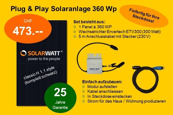 PV Solaranlage Plug & Play / Balkonkraftwerk 370 Wp / 230 V