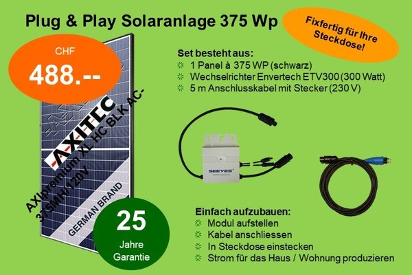 PV Solaranlage Plug & Play / Balkonkraftwerk 375 Wp / 230 V