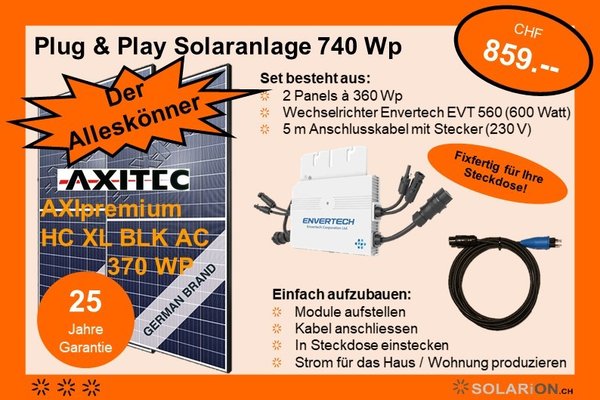 Der Alleskönner / PV Solaranlage Plug & Play / Balkonkraftwerk 740 Wp / 230 V